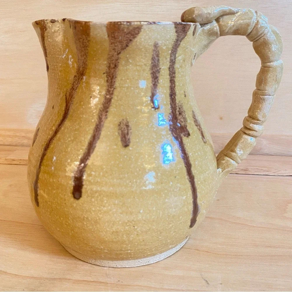 Handmade Studio PLUMPOTTERY G Yellow Brown‎ Glaze Stoneware Pottery Pitcher Jug